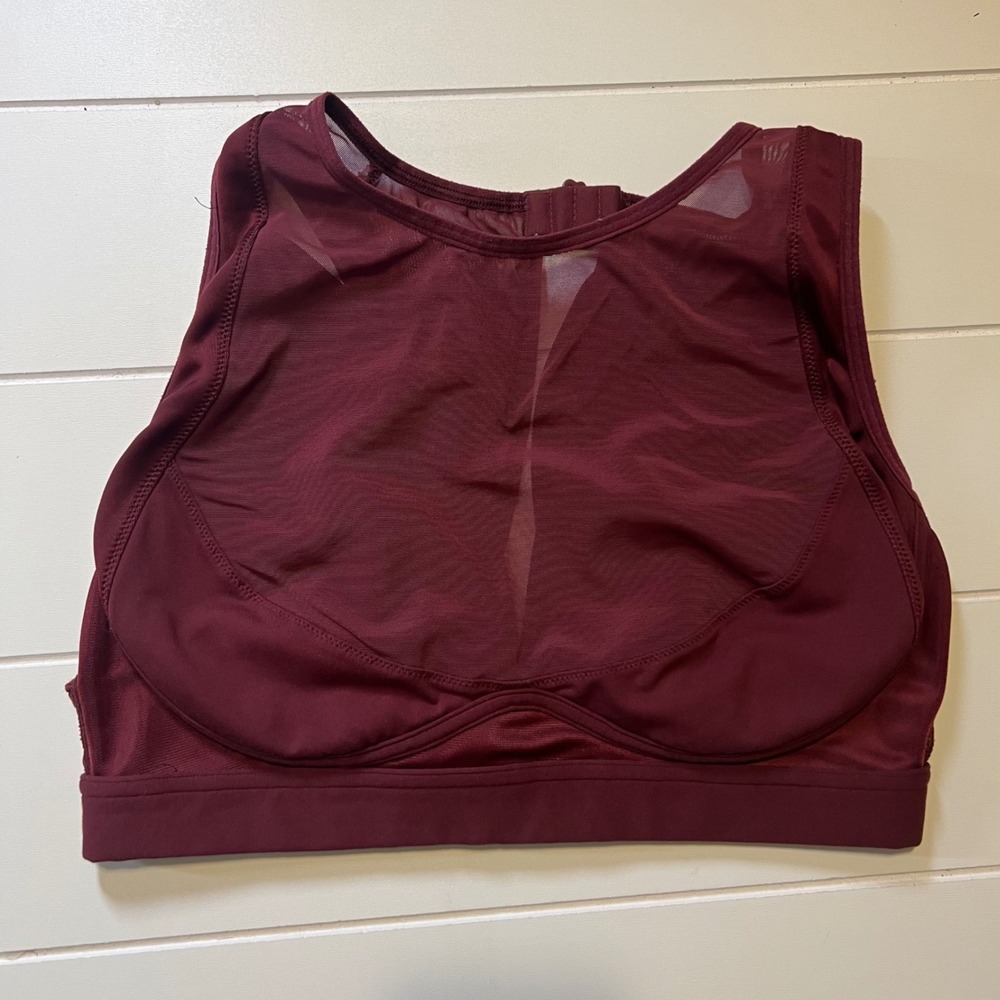 Burgundy‎ High Neck Mesh Overlay Sports Bra Hook Back Closure Maroon Medium